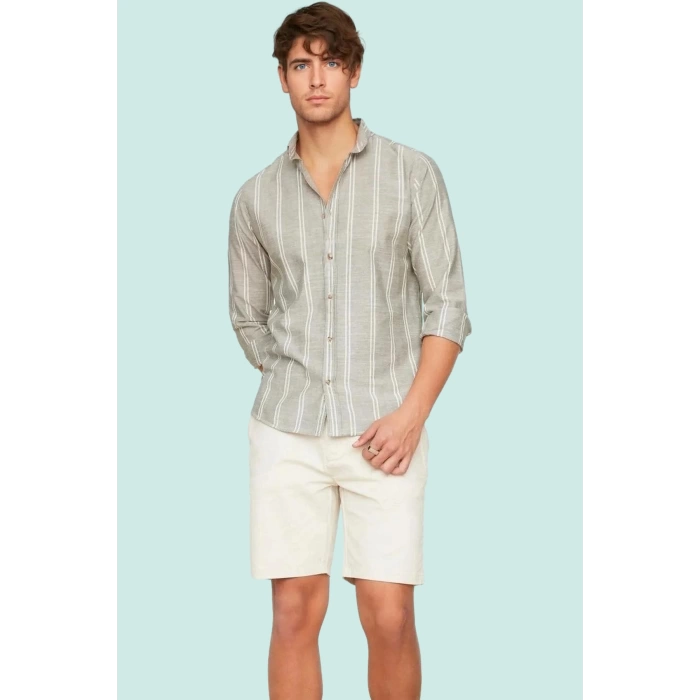 Erkek Slim Fit İnce Çizgili Gömlek Yaka Düğmeli Uzun Kollu Günlük Yaz Aylarının Vazgeçilmezi