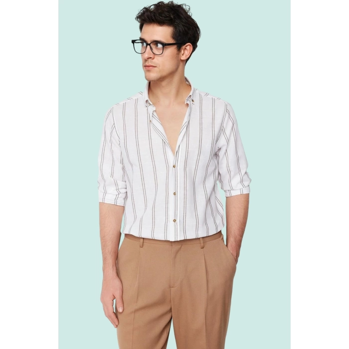 Erkek Slim Fit İnce Çizgili Gömlek Yaka Düğmeli Uzun Kollu Günlük Yaz Aylarının Vazgeçilmezi