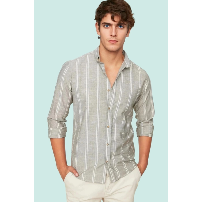Erkek Slim Fit İnce Çizgili Gömlek Yaka Düğmeli Uzun Kollu Günlük Yaz Aylarının Vazgeçilmezi
