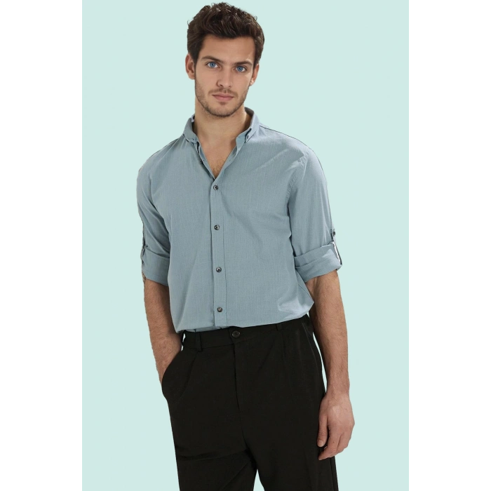 Erkek Slim Fit Uzun Kollu Gömlek Pamuklu Casual Günlük Hafta Sonu Yaz Aylarının Vazgeçilmezi