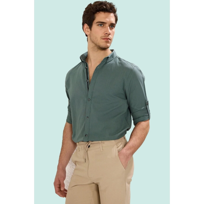 Erkek Slim Fit Uzun Kollu Gömlek Pamuklu Casual Günlük Hafta Sonu Yaz Aylarının Vazgeçilmezi