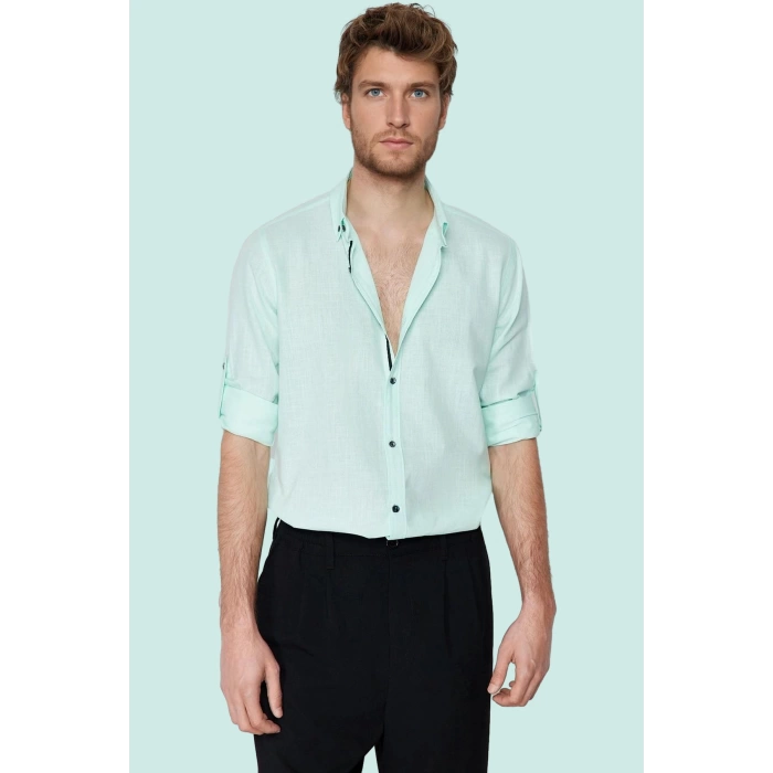 Erkek Slim Fit Uzun Kollu Gömlek Pamuklu Casual Günlük Hafta Sonu Yaz Aylarının Vazgeçilmezi