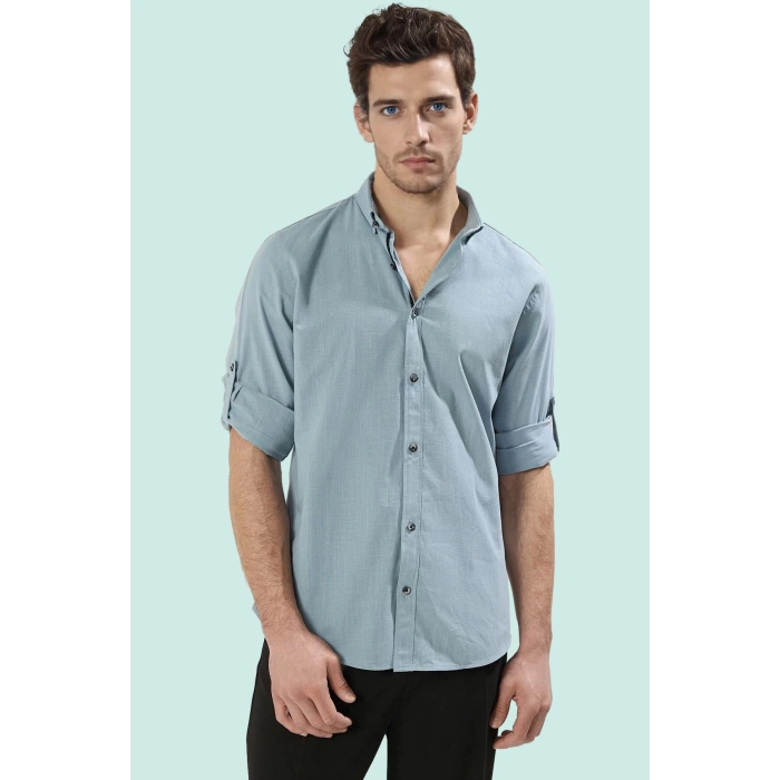 Erkek Slim Fit Uzun Kollu Gömlek Pamuklu Casual Günlük Hafta Sonu Yaz Aylarının Vazgeçilmezi