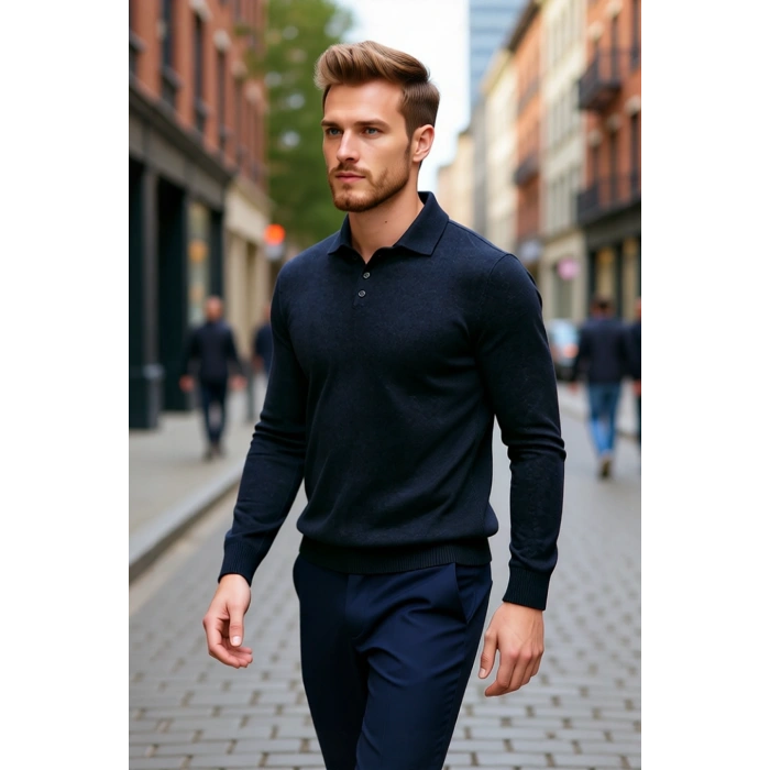 Erkek Smart Polo Yaka Triko Kazak Fitted Kalıp Uzun Kollu Günlük Tarz İçin İdeal Seçim Kaliteli