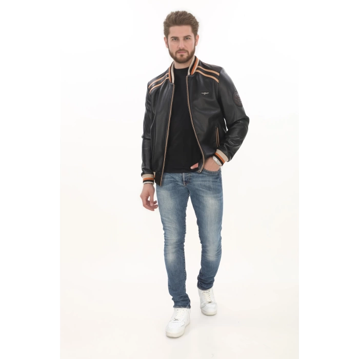 Erkek Spor ve Şıklık Bir Arada Derimont Varsity Hakiki Kuzu Derisi Bomber Ceket Erkek Mont