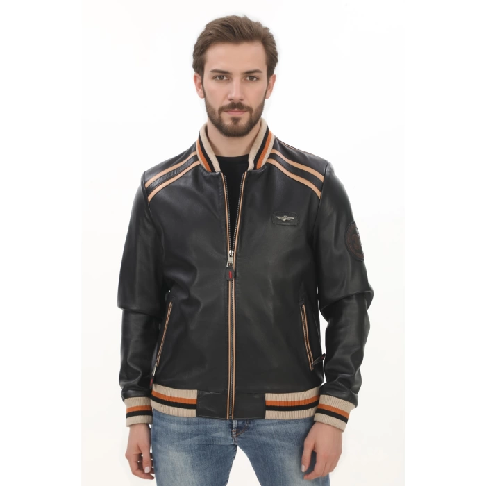 Erkek Spor ve Şıklık Bir Arada Derimont Varsity Hakiki Kuzu Derisi Bomber Ceket Erkek Mont