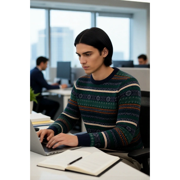 Erkek Standart Kol Bisiklet Yaka Etnik Desenli Fitted Kesim Kalın Triko Kazak Gündelik Kombinlere