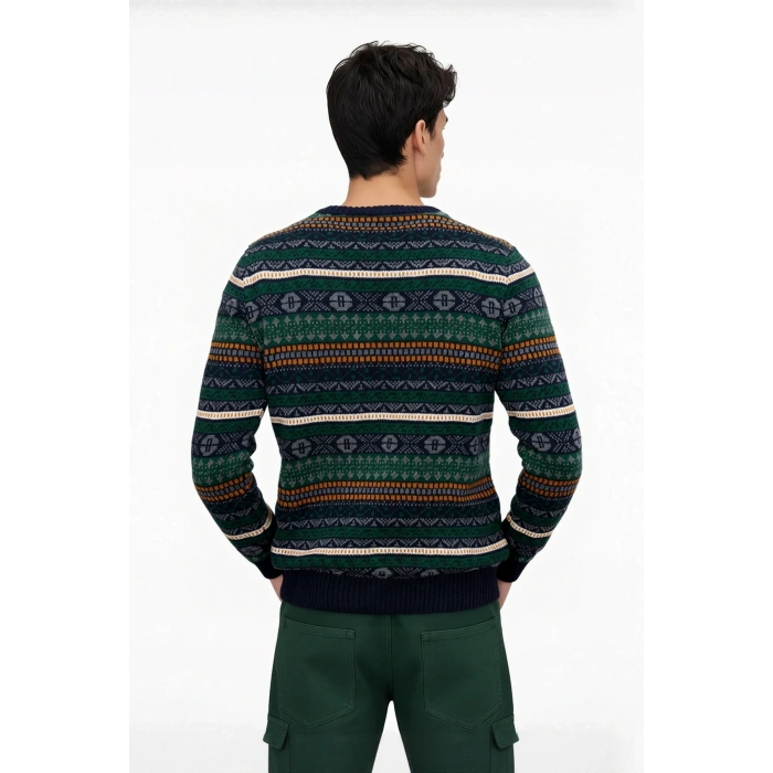 Erkek Standart Kol Bisiklet Yaka Etnik Desenli Fitted Kesim Kalın Triko Kazak Gündelik Kombinlere