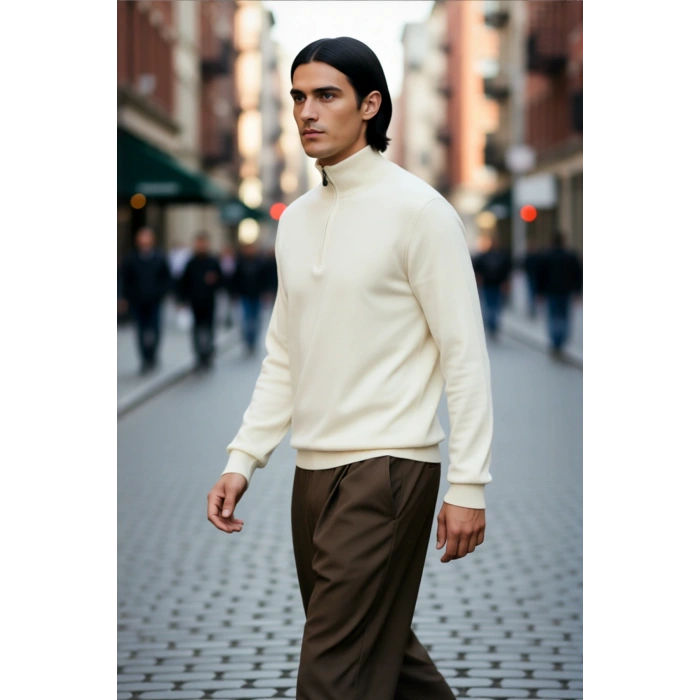 Erkek Standart Kol Regular Kesim Fermuarlı Dik Yaka Triko Kazak Sonbahar Kış İçin Basic Şıklık