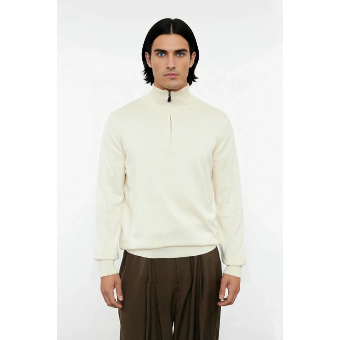 Erkek Standart Kol Regular Kesim Fermuarlı Dik Yaka Triko Kazak Sonbahar Kış İçin Basic Şıklık