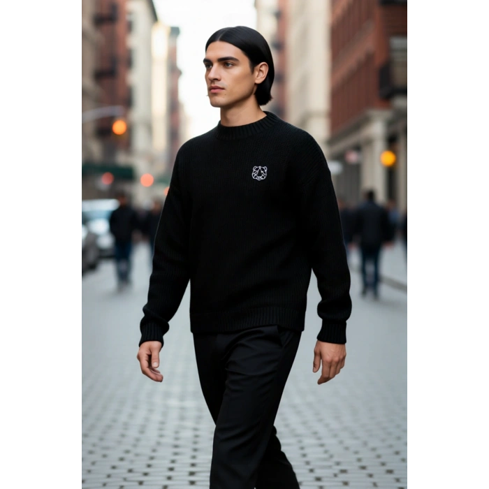 Erkek Triko Oversize Kesim Bisiklet Yaka Sargı Nakışlı Rahat Kazak Soğuk Günlerin Şıklığı Kaliteli