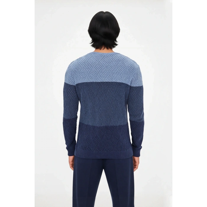 Erkek Triko Regular Kalıp Bisiklet Yaka Renk Bloklu Uzun Kollu Kazak Soğuk Havalara Özel Kaliteli