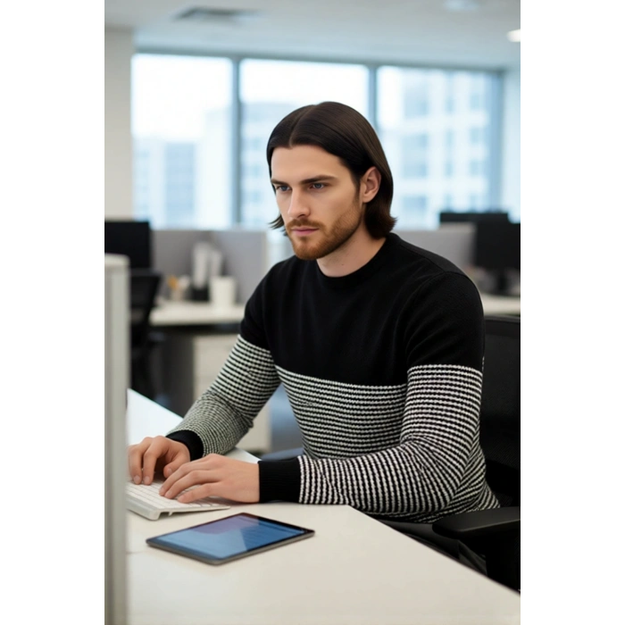 Erkek Uzun Kol Bisiklet Yaka Çizgili Triko Kazak Soğuk Havalarda Şıklık ve Konfor Sunar Kaliteli