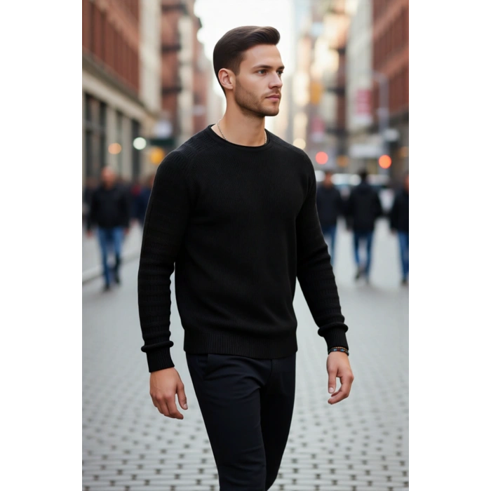 Erkek Uzun Kollu Fitted Kesim Basic Dokulu Triko Kazak Soğuk Havalarda Tarz Sahibi Görünüm