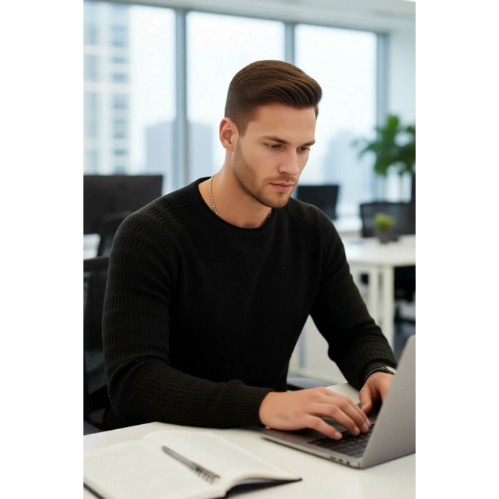 Erkek Uzun Kollu Fitted Kesim Basic Dokulu Triko Kazak Soğuk Havalarda Tarz Sahibi Görünüm