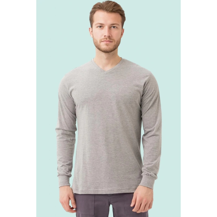 Erkek V Yaka Uzun Kollu Tişört 50 Pamuk Gaura shirt Pamuklu Nefes Alabilir Rahat Kesim Günlük