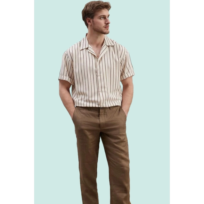 Erkek Yazlık Kısa Kollu Çizgili Keten Karışımlı Gömlek Oversize Apaş Yaka Rahat Günlük Kullanım