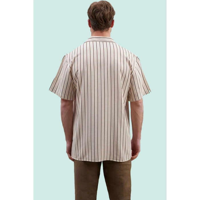 Erkek Yazlık Kısa Kollu Çizgili Keten Karışımlı Gömlek Oversize Apaş Yaka Rahat Günlük Kullanım
