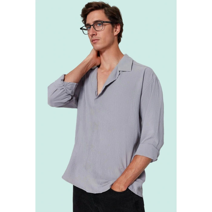 Erkek Yazlık Polyester Gömlek; Apaş Yaka Düz Desen Uzun Kollu Regular Boy Oversize Fit Hafta Sonu