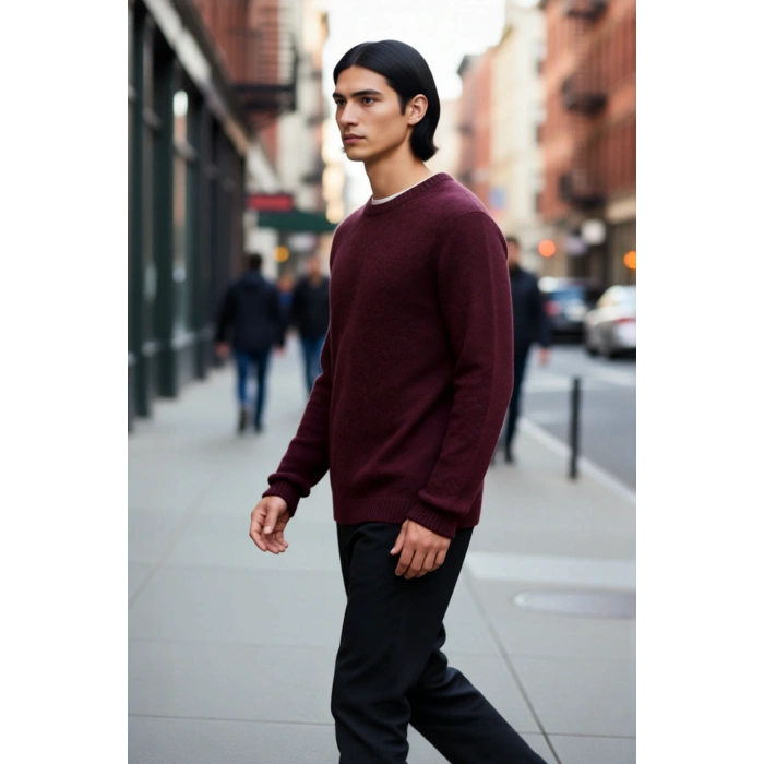 Erkek Yün Karışımlı Regular Kesim Bisiklet Yaka Uzun Kollu Bordo Düz Triko Kazak Soğuk Havalara Özel