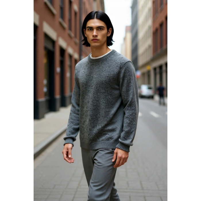 Erkek Yün Karışımlı Regular Kesim Bisiklet Yaka Uzun Kollu Bordo Düz Triko Kazak Soğuk Havalara Özel