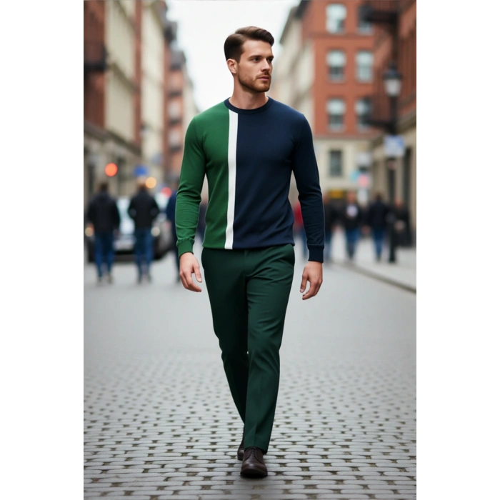 Erkekler İçin Casual Günlük Giyim Bisiklet Yaka Renk Bloklu Fitted Kalıp Uzun Kollu Kazak Kaliteli