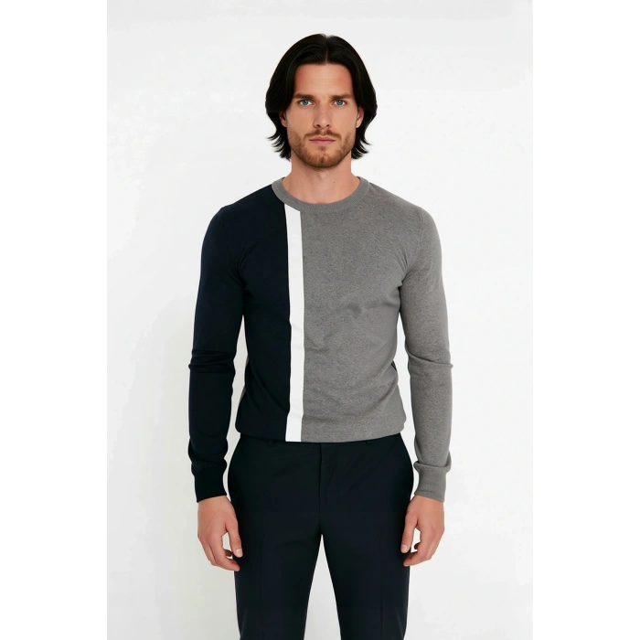 Erkekler İçin Casual Günlük Giyim Bisiklet Yaka Renk Bloklu Fitted Kalıp Uzun Kollu Kazak Kaliteli