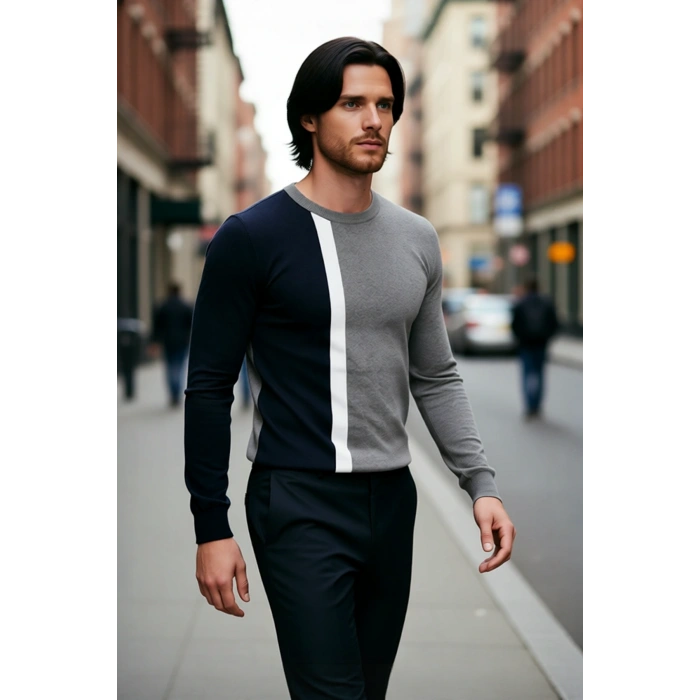 Erkekler İçin Fitted Kalıp Bisiklet Yaka Renk Bloklu Uzun Kollu Basic Dokulu Triko Kazak Kaliteli