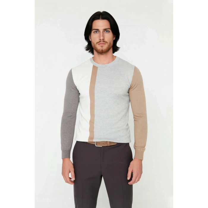 Erkekler İçin Fitted Kalıp Bisiklet Yaka Renk Bloklu Uzun Kollu Basic Dokulu Triko Kazak Kaliteli