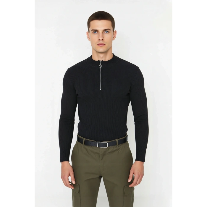 Erkekler İçin Fitted Kesim Fermuar Detaylı Dik Yaka Fitilli Pamuk Polyester Triko Kazak Casual Tarz