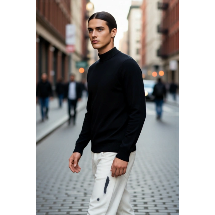 Erkekler İçin Modern Fitted %100 Pamuk Yarım Balıkçı Yaka Triko Kazak Soğuk Havalara Özel Kaliteli