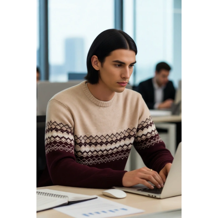 Erkeklere Özel Fitted Kalıp Etnik Desenli Bisiklet Yaka Triko Kazak Kışlık Kombinlerin Vazgeçilmezi