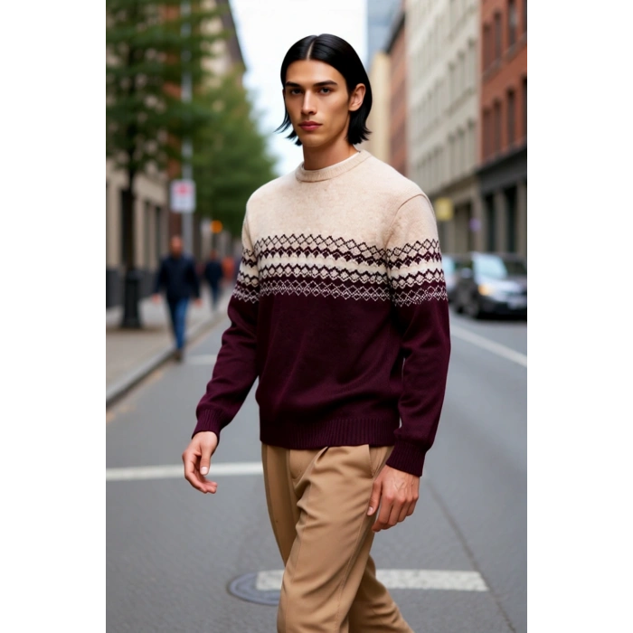 Erkeklere Özel Fitted Kalıp Etnik Desenli Bisiklet Yaka Triko Kazak Kışlık Kombinlerin Vazgeçilmezi