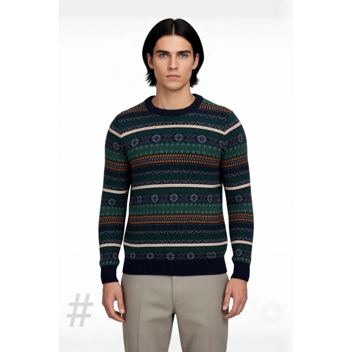 Erkeklerin Kışlık Gardırobuna Özel Fitted Kalıp Etnik Desenli Bisiklet Yaka Kalın Triko Kazak.