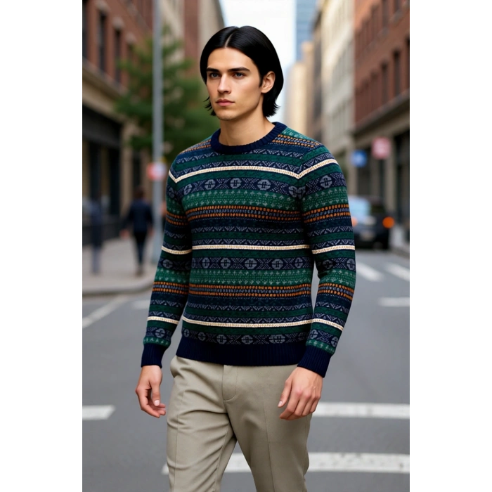 Erkeklerin Kışlık Gardırobuna Özel Fitted Kalıp Etnik Desenli Bisiklet Yaka Kalın Triko Kazak.