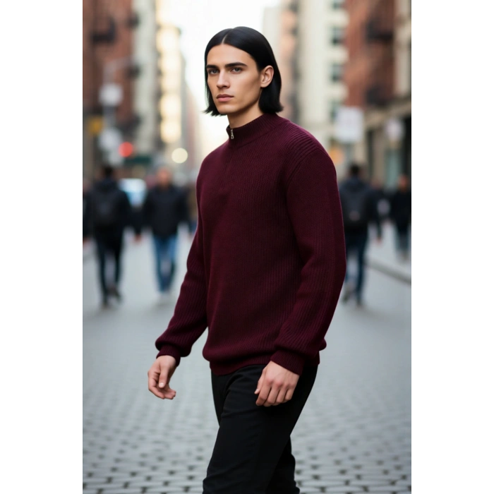 Erkeklerin Soğuk Havalar İçin İdeal Regular Kalıp Akrilik Düz Triko Fermuarlı Kazak Kaliteli