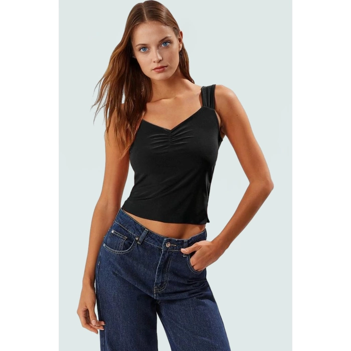 Esnek Örme Crop Bluz V Yaka Fitted Yaz Mevsimi İçin Yüksek Kalite Konforlu Kesim