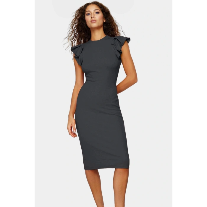 Esnek Örme Midi Elbise Bodycon Kesim Volanlı Kollarla Şık Tasarım Trend Konforlu