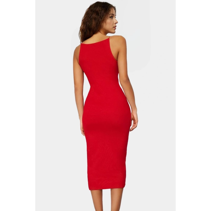 Esnek Pamuklu Midi Elbise Halter Yaka Bodycon Yazlık Özel Tasarım Profesyonel Görünüm