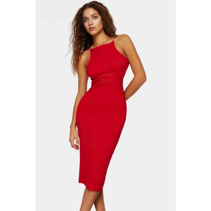 Esnek Pamuklu Midi Elbise Halter Yaka Bodycon Yazlık Özel Tasarım Profesyonel Görünüm