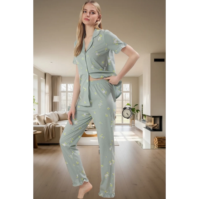 Ev Giyim Seti %100 Pamuklu Çiçekli Pijama Takımı Regular Kalıp Kaliteli İşçilik