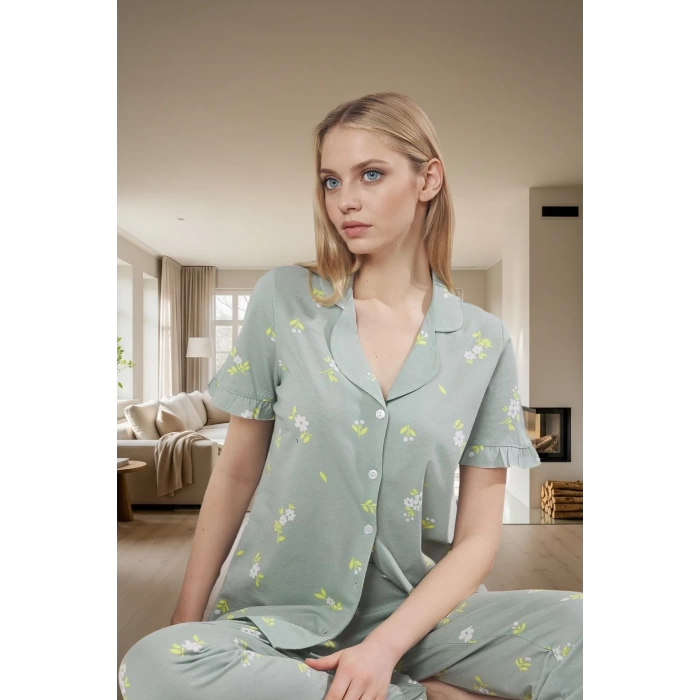 Ev Giyim Seti %100 Pamuklu Çiçekli Pijama Takımı Regular Kalıp Kaliteli İşçilik