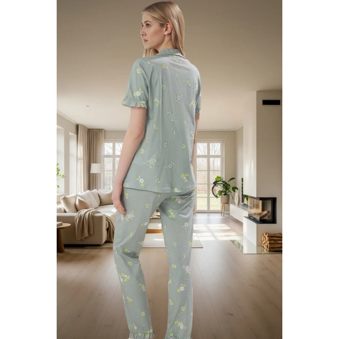 Ev Giyim Seti %100 Pamuklu Çiçekli Pijama Takımı Regular Kalıp Kaliteli İşçilik