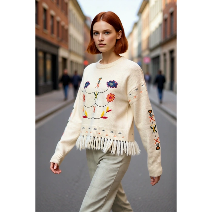 Fashion Forward Kadın Nakışlı Düşük Kollu Bisiklet Yaka Super Crop Kışlık Triko Kazak Püsküllü