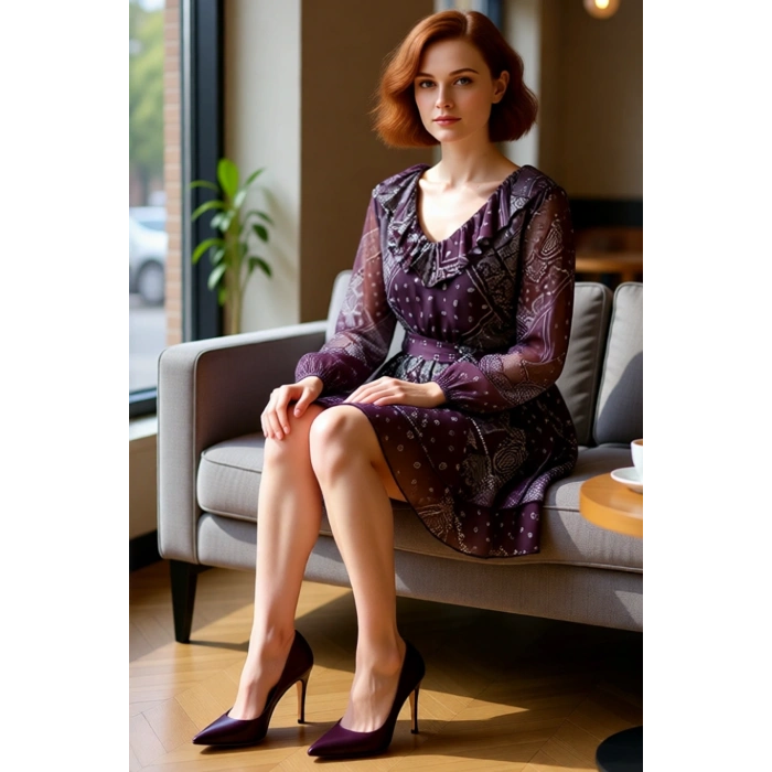 Fashion Forward Kadın Skater Elbise Şal Desenli V Yaka Fırfır Detaylı Standart Kol Mini Modeli