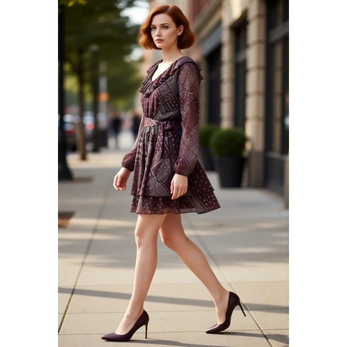 Fashion Forward Kadın Skater Elbise Şal Desenli V Yaka Fırfır Detaylı Standart Kol Mini Modeli