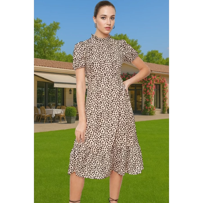 Feminen A Kesim Çiçekli Midi Elbise Polyester Dokuma Kısa Balon Kol Rahat Kullanım Rahat Ve Şık