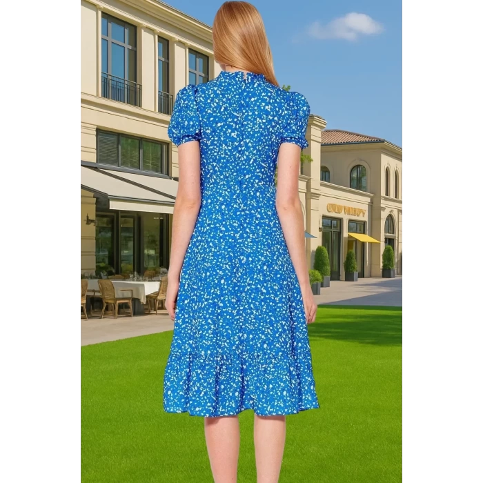 Feminen A Kesim Çiçekli Midi Elbise Polyester Dokuma Kısa Balon Kol Rahat Kullanım Rahat Ve Şık