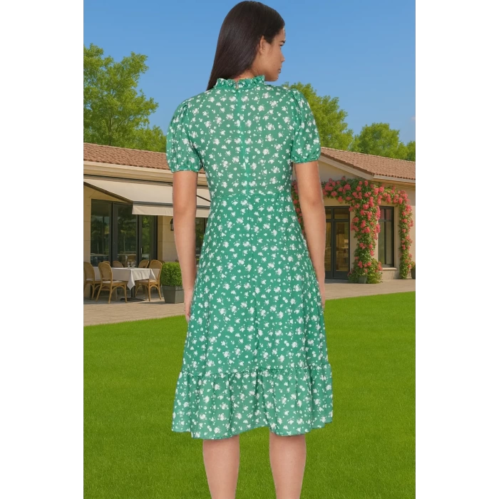 Feminen A Kesim Çiçekli Midi Elbise Polyester Dokuma Kısa Balon Kol Rahat Kullanım Rahat Ve Şık