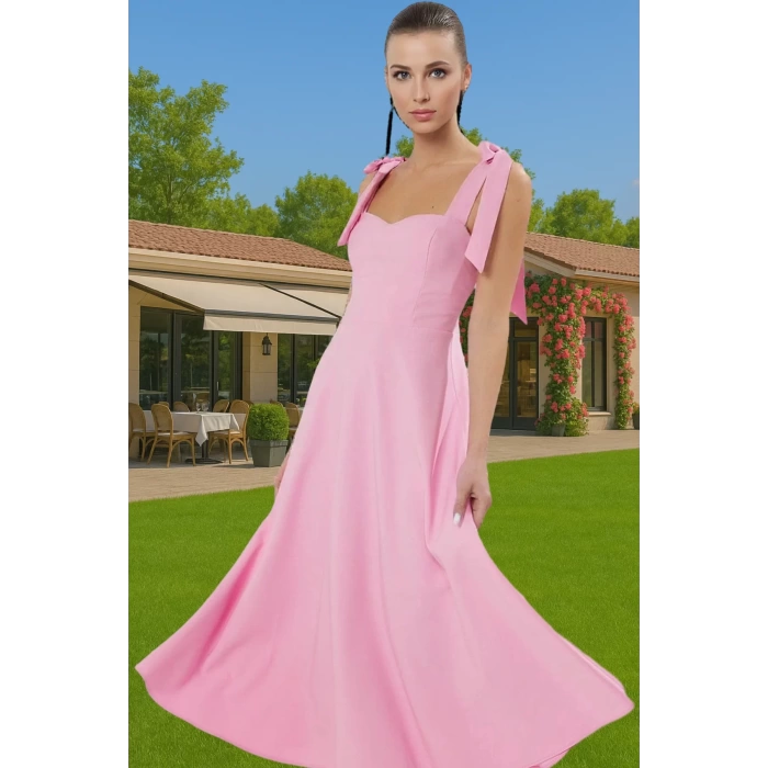 Feminen A Kesim Midi Abiye Elbise Polyester Elastan Dokuma Kumaştan Günlük Kullanım İçin